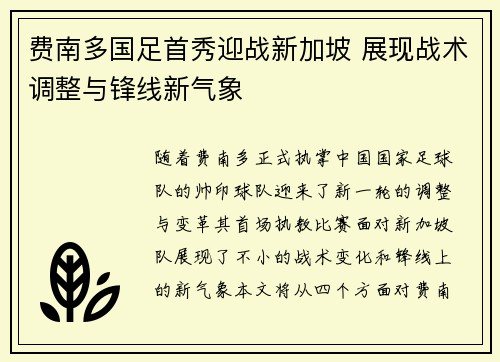 费南多国足首秀迎战新加坡 展现战术调整与锋线新气象